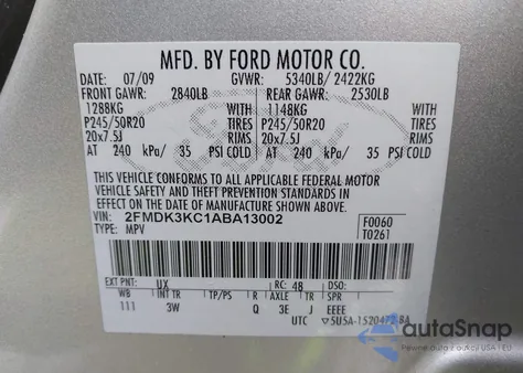 2010 Ford Edge Limited z USA, uszkodzony, nr VIN 2FMDK3KC1ABA13002